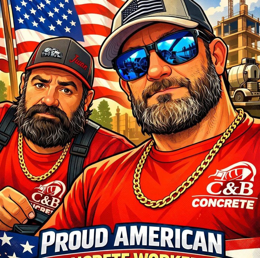 Cartoon of the C&B Concrete crew in red shirts with an American flag